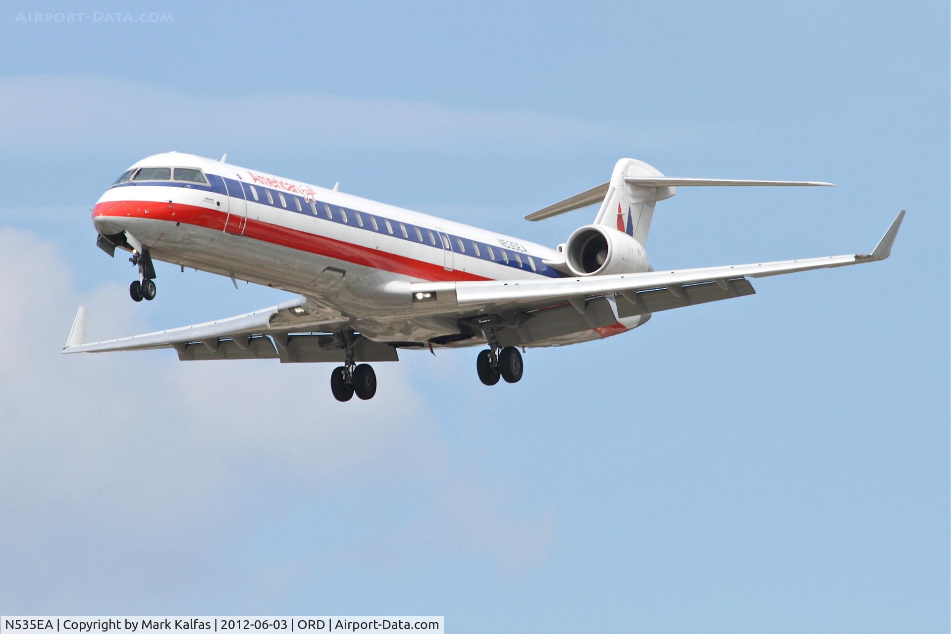 N535EA, Bombardier CRJ-702 (CL-600-2C10) Regional Jet C/N 10313, American Eagle Bombardier CL-600-2C10, EGF3681 arriving from Will Rogers World Airport/KOKC, RWY 28 approach KORD.