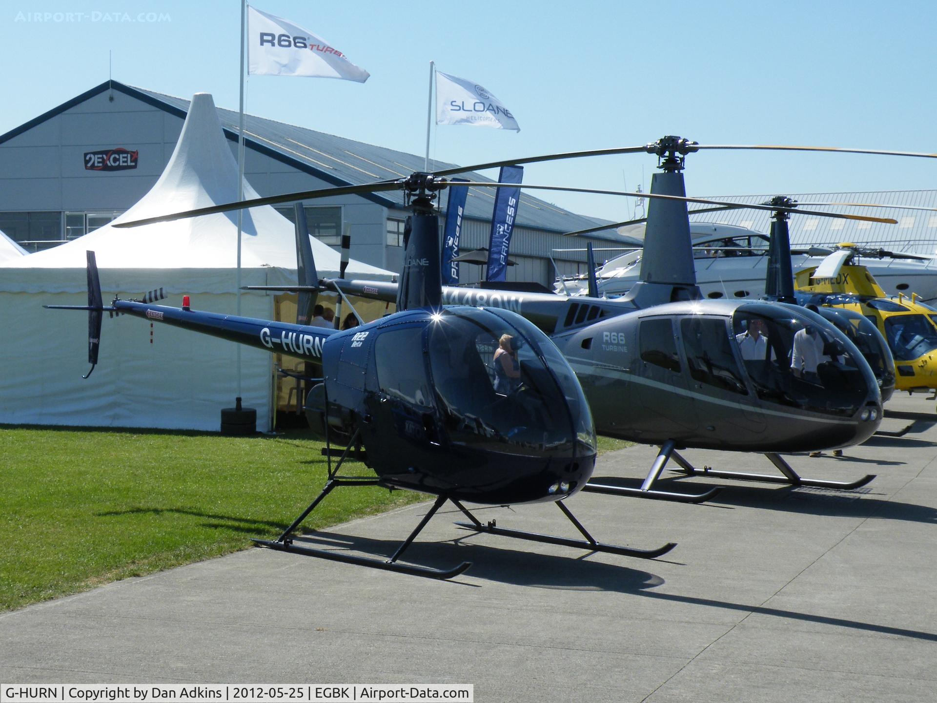 G-HURN, 1990 Robinson R22 Beta C/N 1441, G-HURN on display at the AeroExpo event at Sywell Aerodrome, Northamptonshire, UK, 25th May 2012.