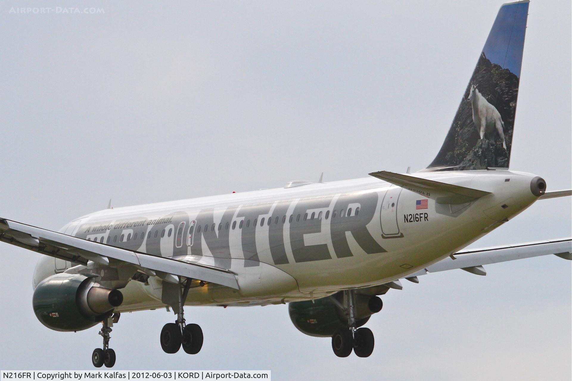 N216FR, 2011 Airbus A320-214 C/N 4745, Frontier Airlines Airbus A320-214, FFT8545 arriving from Cancun Int'l /MMUN, RWY 28 approach KORD.