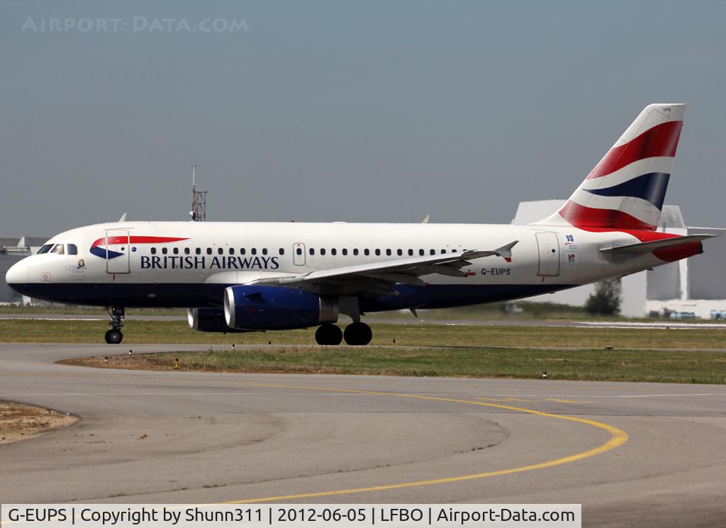 G-EUPS, 2000 Airbus A319-131 C/N 1338, Taxiing holding point rwy 32R with additional Olympic Games sticker and other new cockpit...