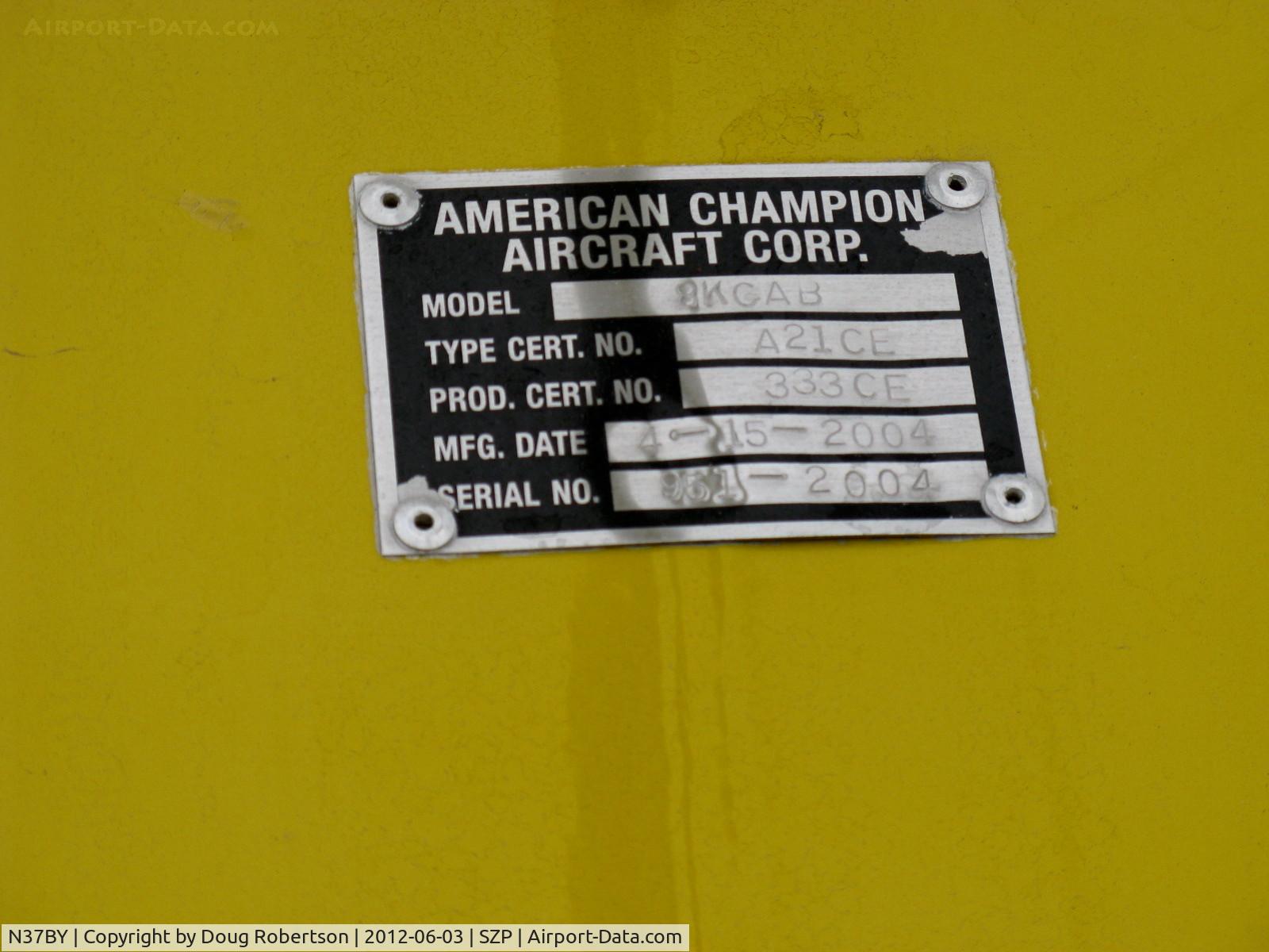 N37BY, 2004 American Champion 8KCAB Super Decathlon C/N 951-2004, 2004 American Champion 8KCAB SUPER DECATHLON, Lycoming AEIO-360 180 Hp, manufacturer's data plate