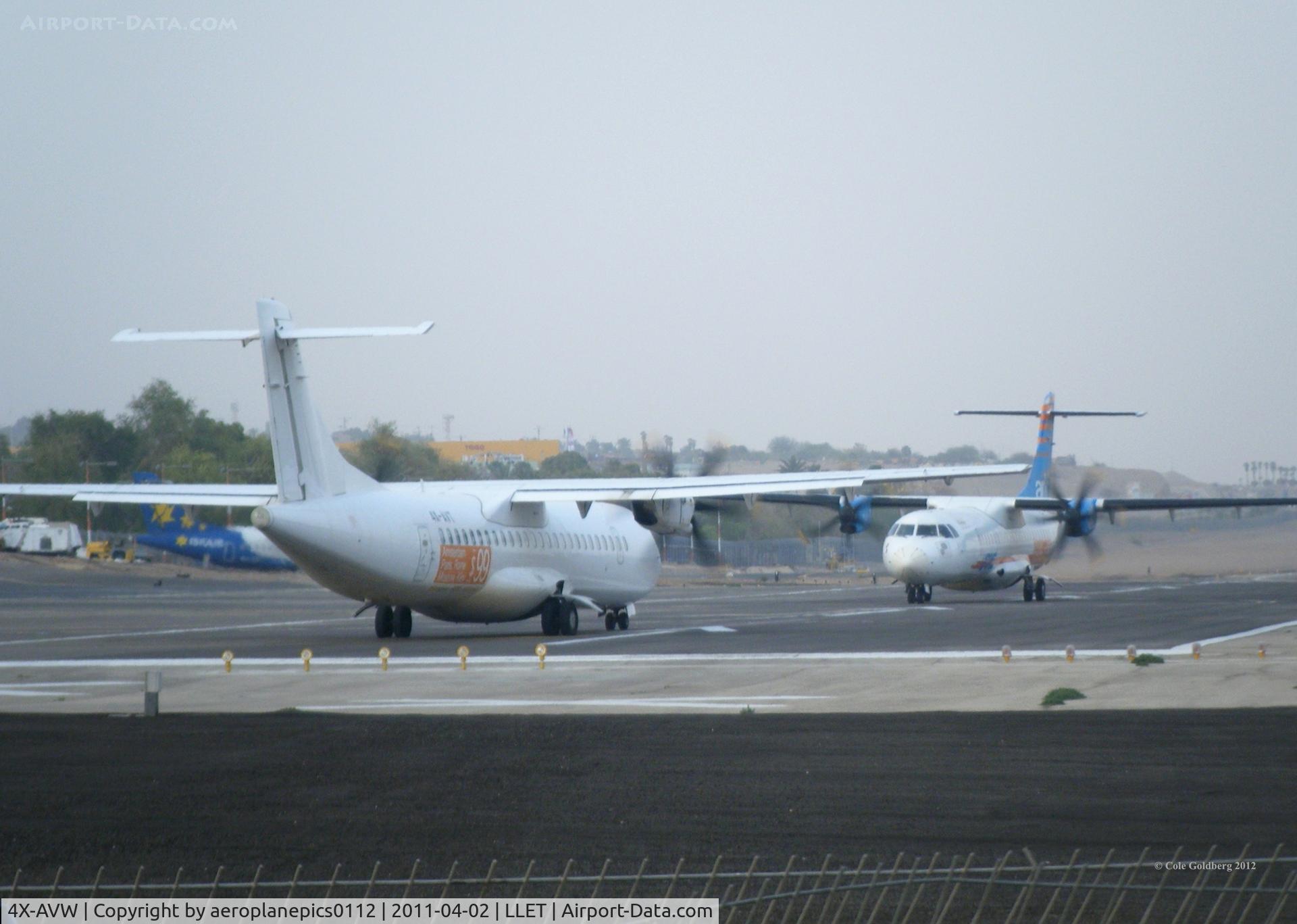 4X-AVW, 1999 ATR 72-212A C/N 583, 4X-AVW and 4X-AVT face off on the runway.