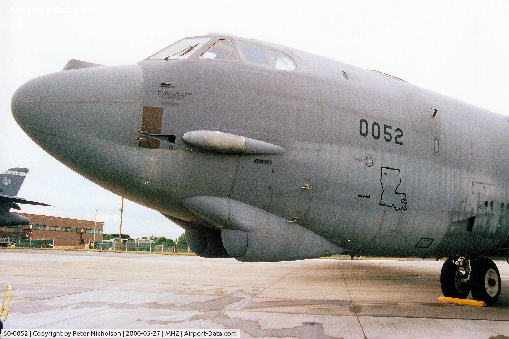 60-0052, 1960 Boeing B-52H Stratofortress C/N 464417, Another view of Barksdale AFB's B-52H Stratofortress of the 96th Bomb Squadron/2nd Bombardment Wing on display at the RAF Mildenhall Air Fete 2000.