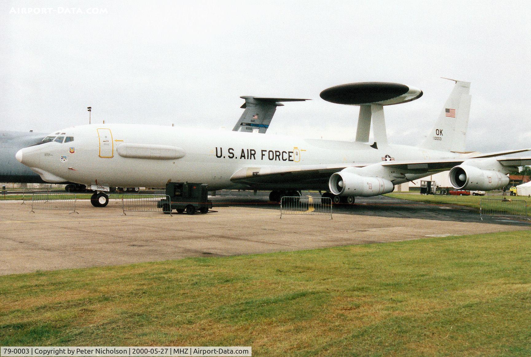 79-0003, 1979 Boeing E-3B Sentry C/N 21757/944, E-3B Sentry of the 552nd Air Control Wing at Tinker AFB on display at the RAF Mildenhall Air Fete 2000.