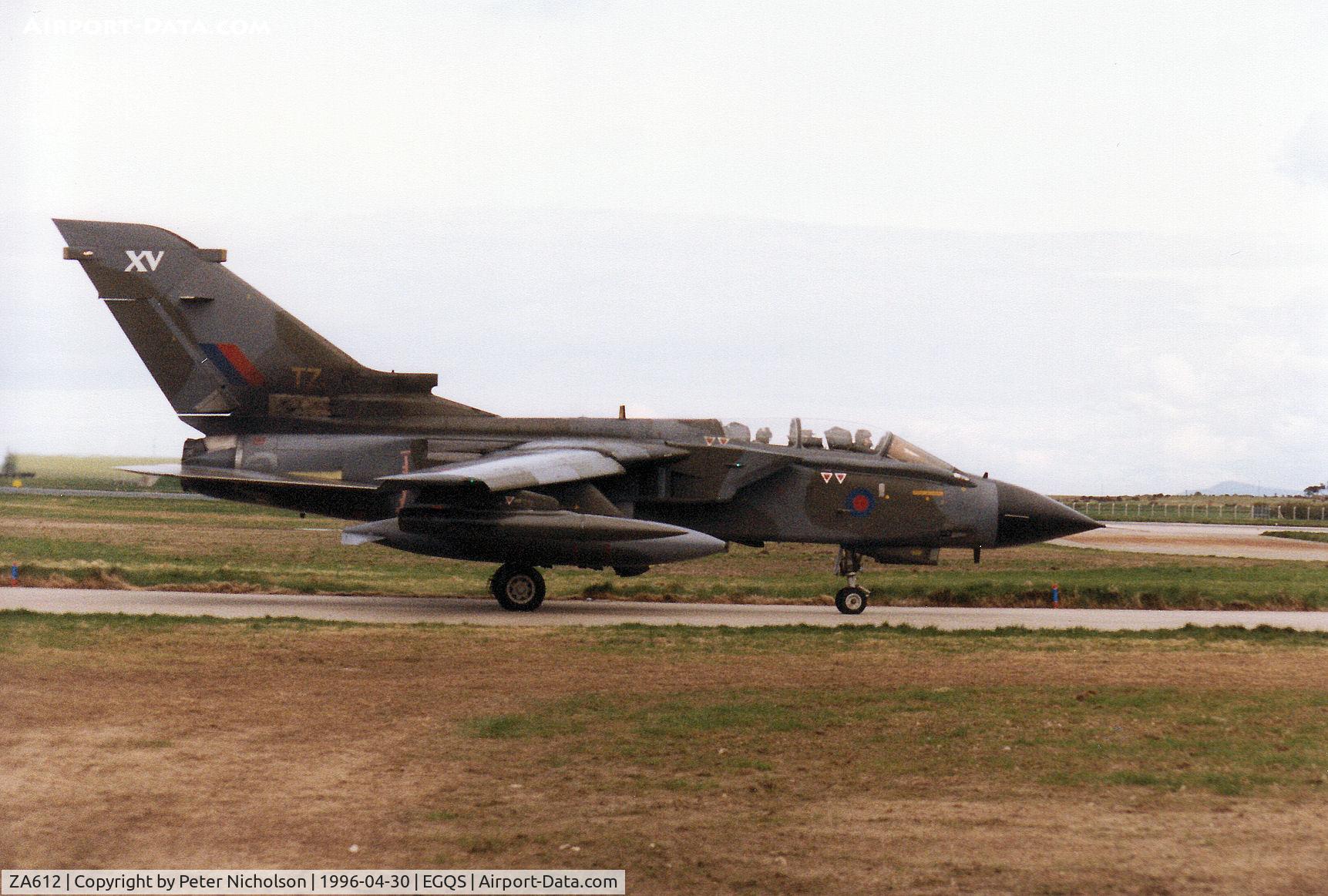 ZA612, 1982 Panavia Tornado GR.1 C/N 150/BT028/3076, Tornado GR.1 of 15[Reserve] Squadron taxying to Runway 05 at RAF Lossiemouth in April 1996.