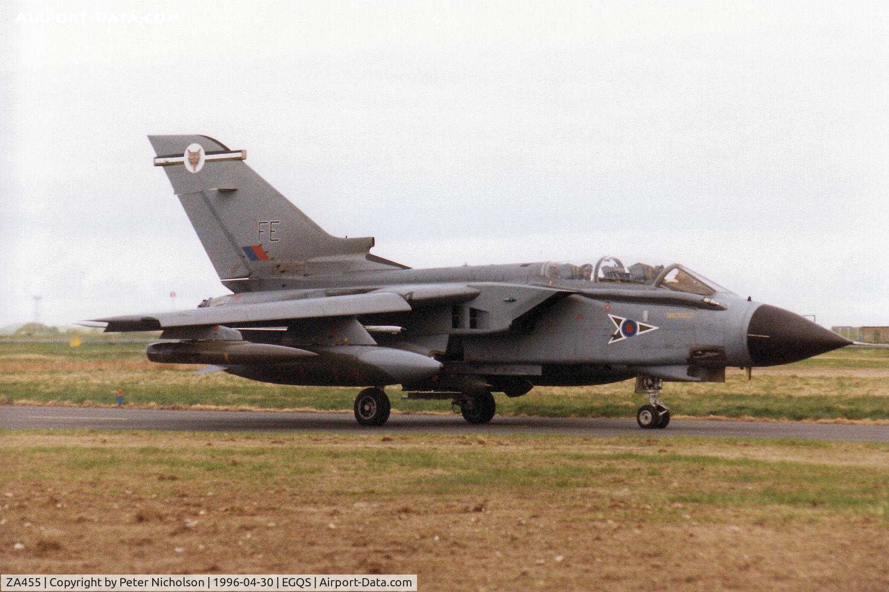 ZA455, 1983 Panavia Tornado GR.1B C/N BS085/254/3121, Tornado GR.1B, callsign Jackal 3, of 12 Squadron taxying to the active runway at RAF Lossiemouth in April 1996.