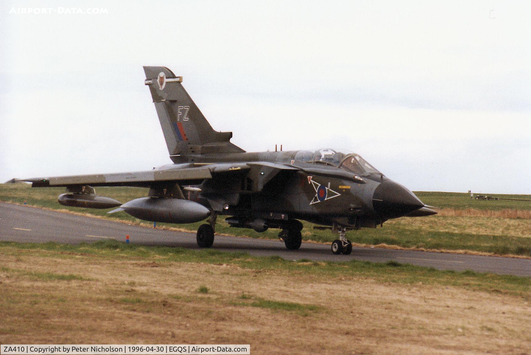 ZA410, 1983 Panavia Tornado GR.1 C/N 227/BT034/3109, Tornado GR.1, callsign Jackal 1, of 12 Squadron taxying to the active runway at RAF Lossiemouth in April 1996.