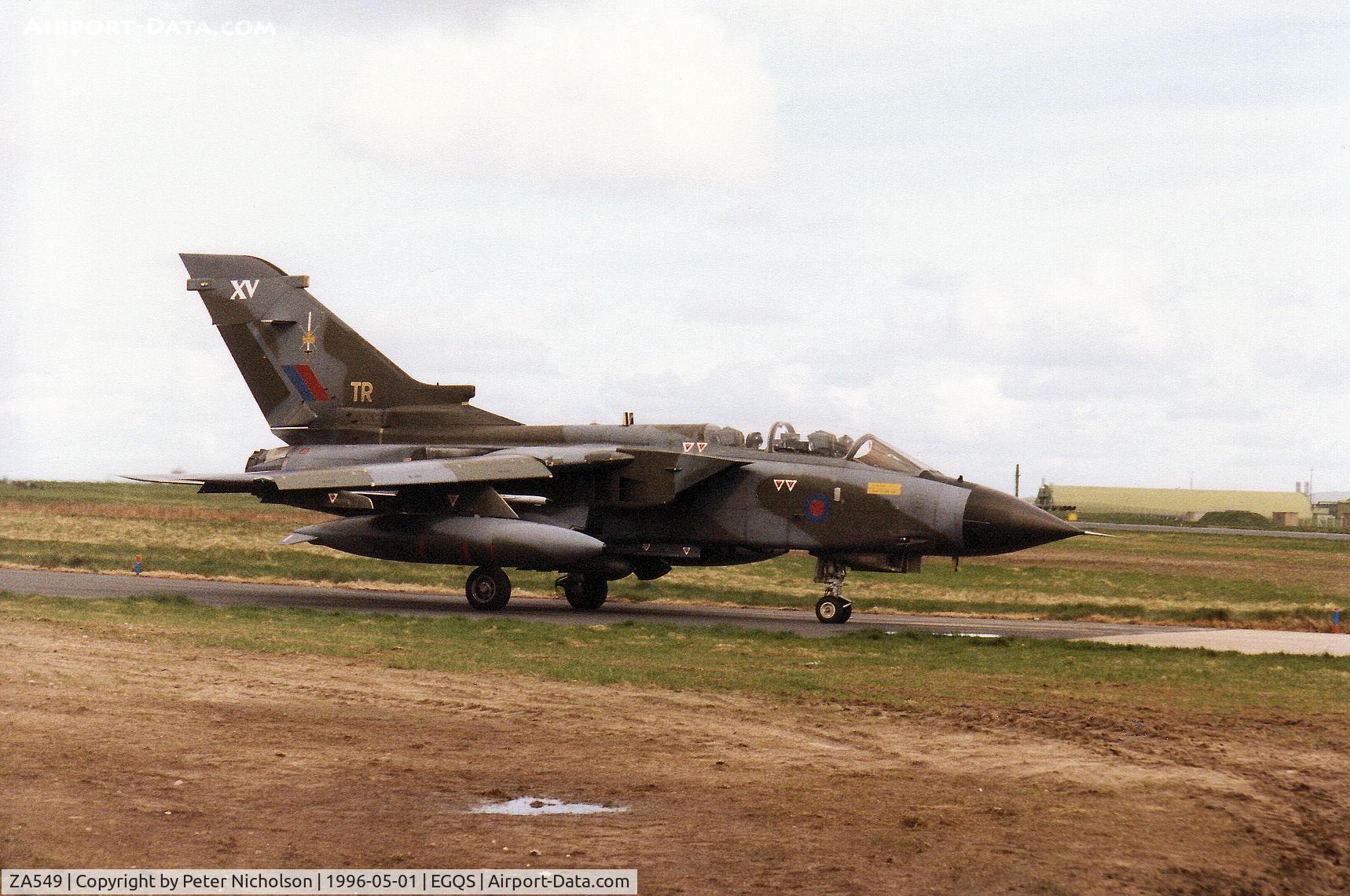 ZA549, 1981 Panavia Tornado GR.1 C/N 063/BT017/3033, Tornado GR.1 of 15[Reserve] Squadron taxying to Runway 05 at RAF Lossiemouth in May 1996.