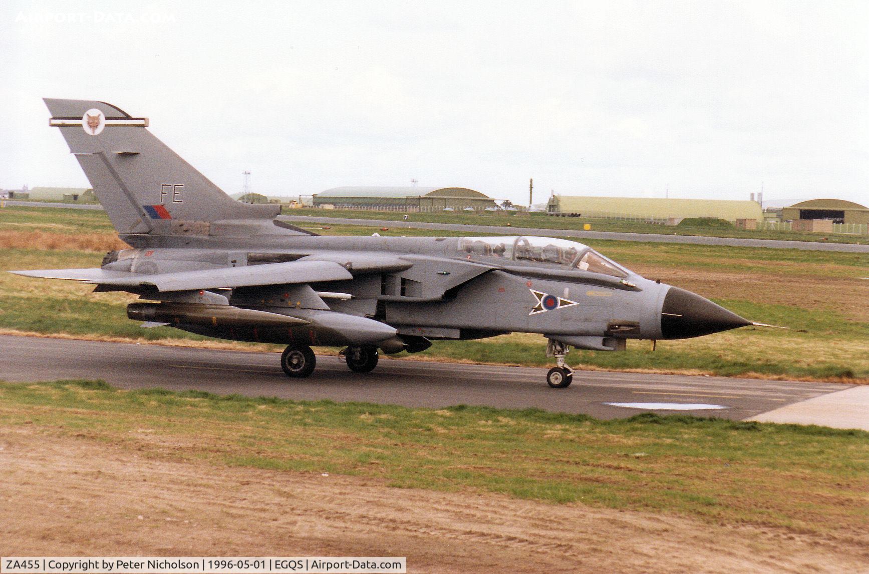 ZA455, 1983 Panavia Tornado GR.1B C/N BS085/254/3121, Tornado GR.1B of 12 Squadron taxying to the active runway 05 at RAF Lossiemouth in May 1996.