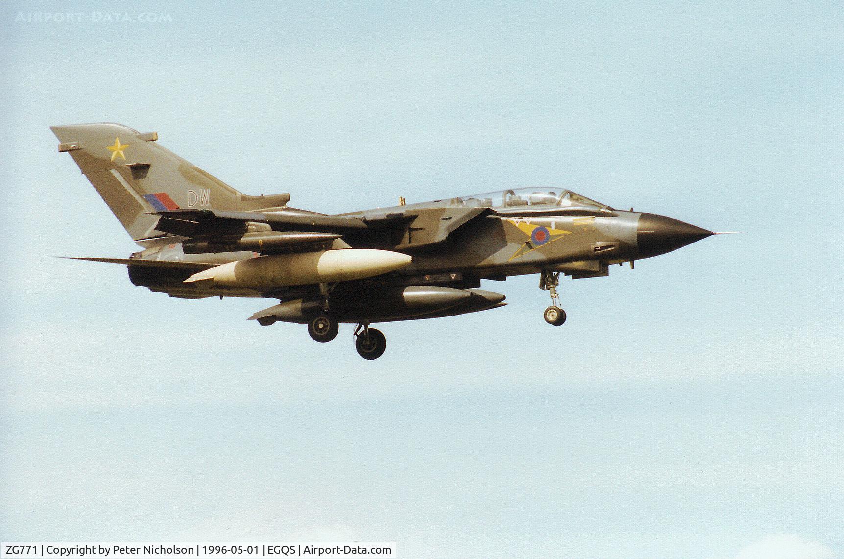 ZG771, 1991 Panavia Tornado GR.1 C/N 893/BT056/3440, Tornado GR.1 of 31 Squadron at RAF Bruggen on final approach to Runway 05 at RAF Lossiemouth in May 1996.