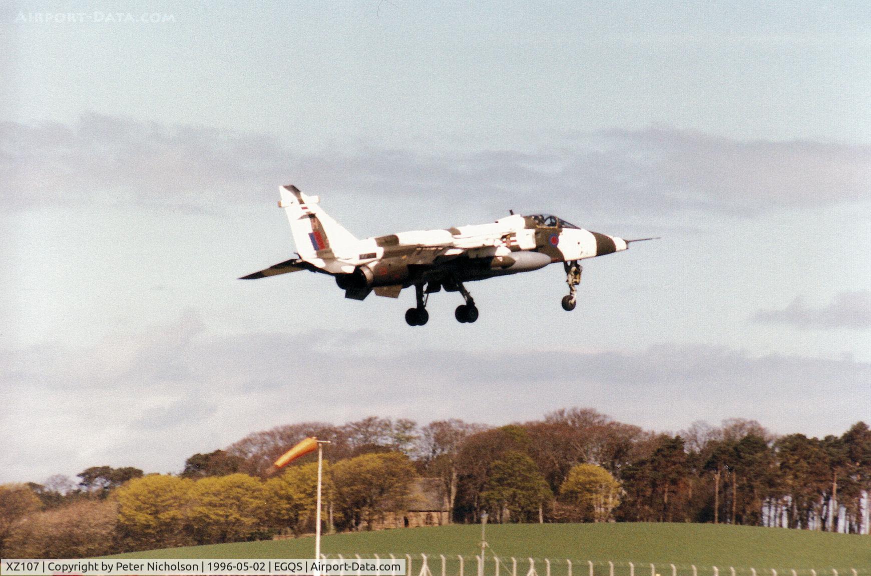 XZ107, 1976 Sepecat Jaguar GR.1A C/N S.108, Jaguar GR.1A, callsign Boxer 2, of 41 Squadron at RAF Coltishall on final approach to Runway 05 at RAF Lossiemouth in May 1996.