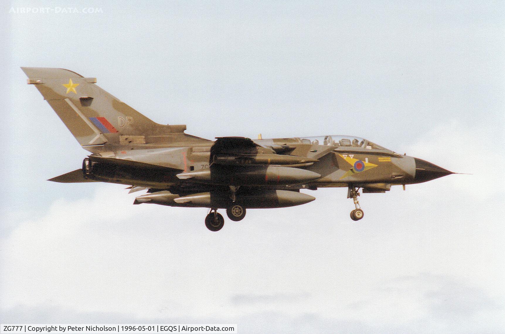 ZG777, 1992 Panavia Tornado GR.1 C/N 909/BS188/2732, Tornado GR.1 of RAF Bruggen's 31 Squadron on final approach to Runway 05 at RAF Lossiemouth in May 1996.