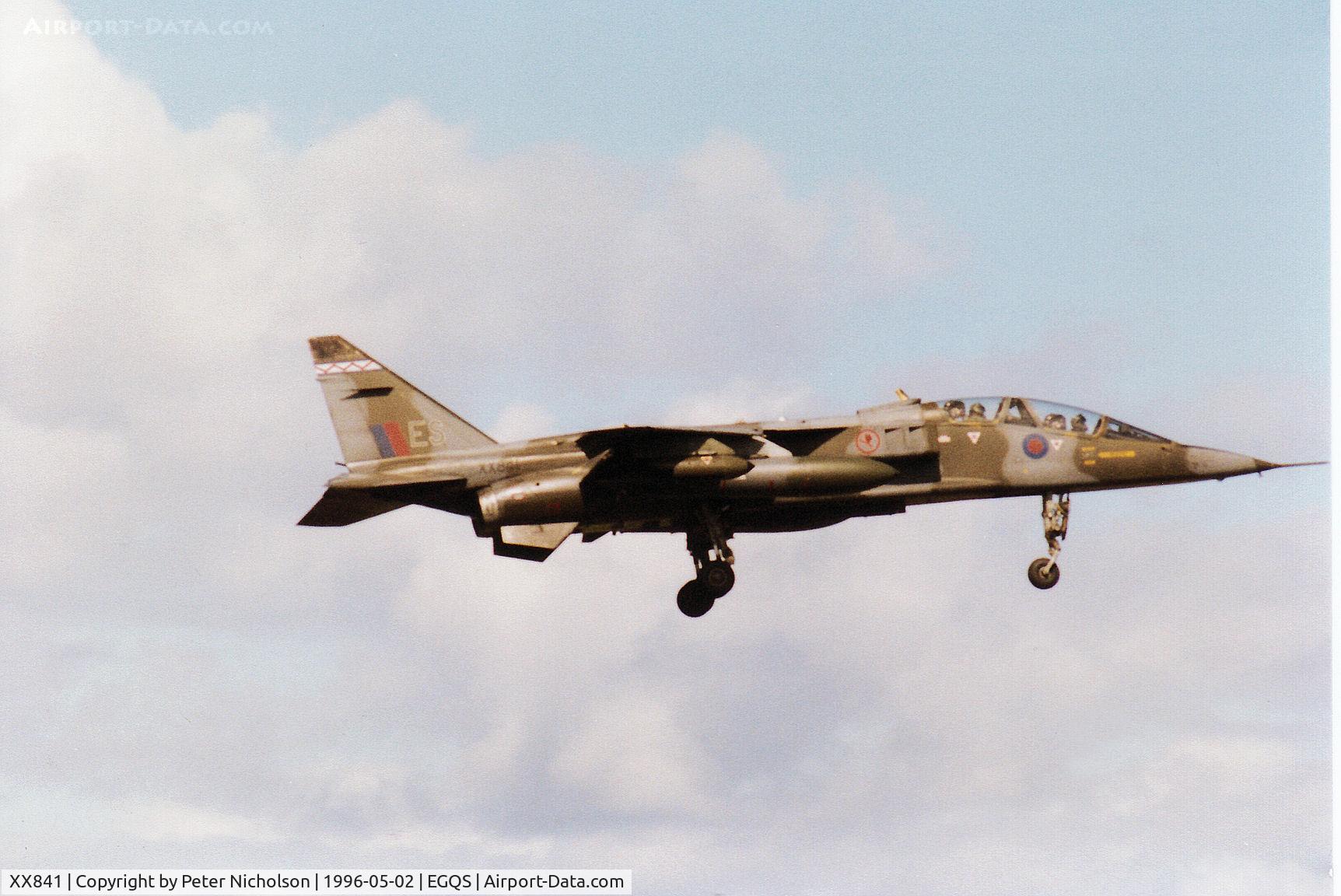 XX841, 1975 Sepecat Jaguar T.2A C/N B.29, Jaguar T.2A, callsign Boxer 1, of 6 Squadron at RAF Coltishall on final approach to Runway 05 at RAF Lossiemouth in May 1996.