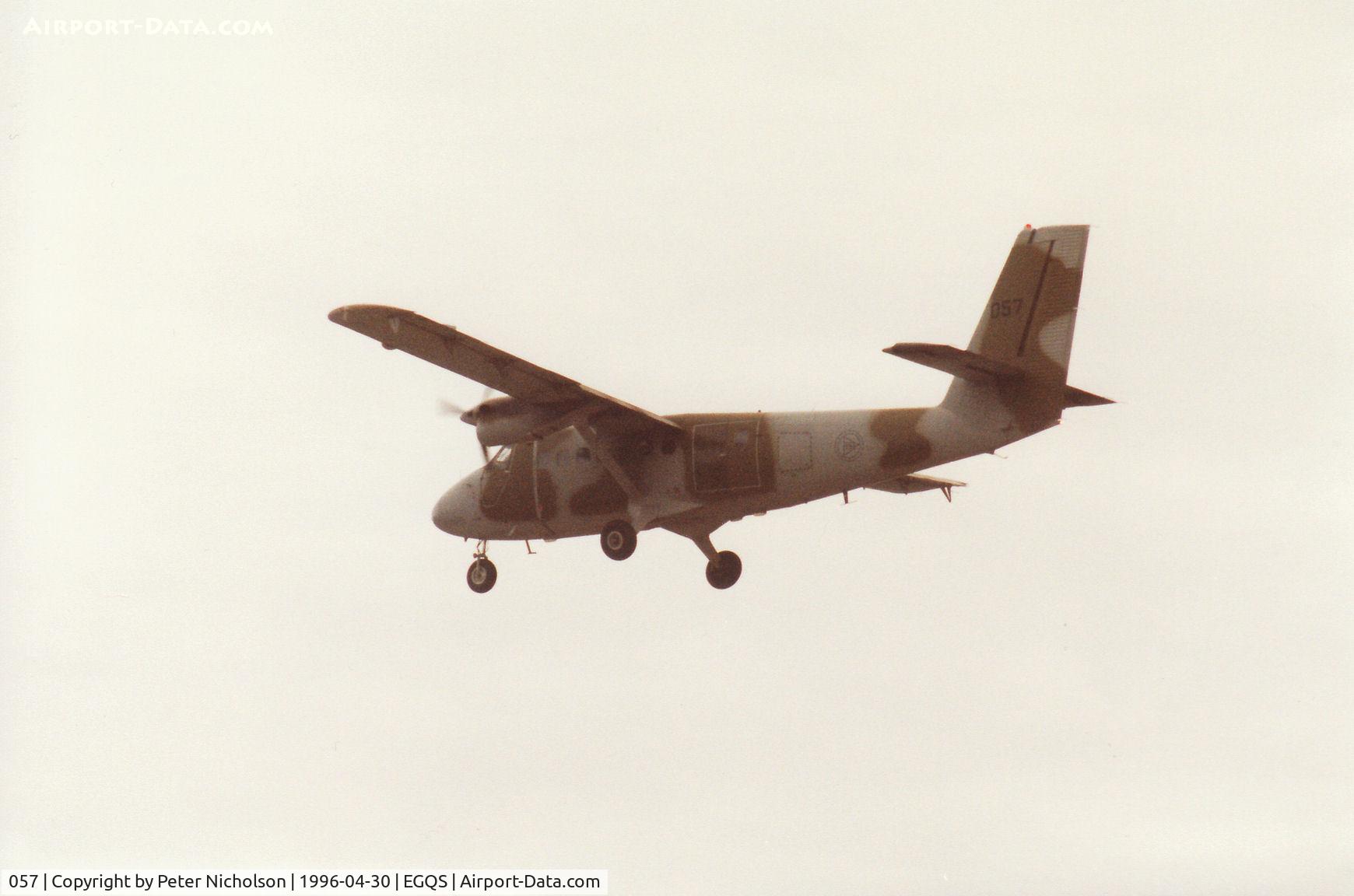 057, 1967 De Havilland Canada DHC-6-100 Twin Otter C/N 57, Twin Otter of 719 Skv Royal Norwegian Air Force on final approach to Runway 23 at RAF Lossiemouth in April 1996.
