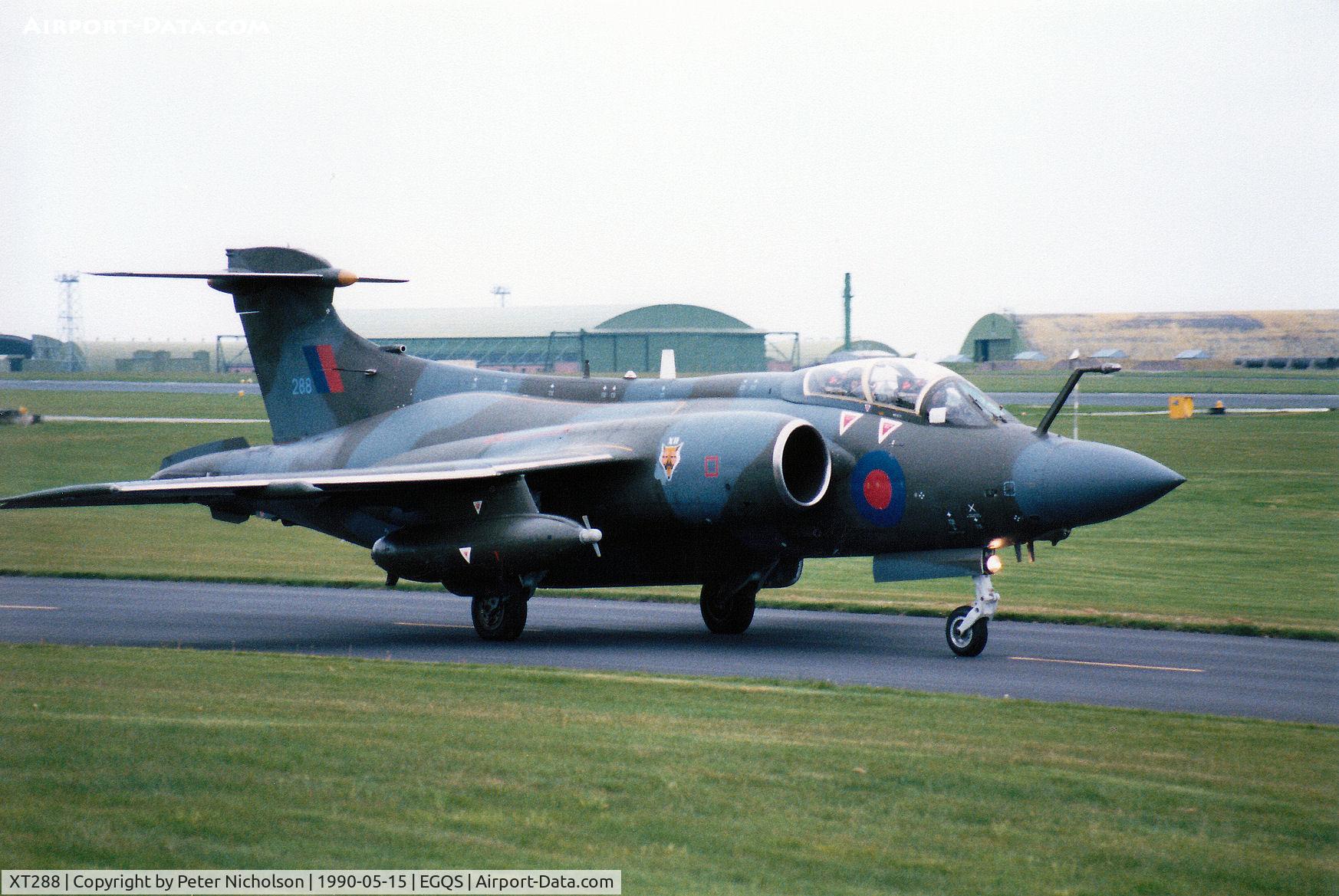 XT288, 1966 Hawker Siddeley Buccaneer S.2B C/N B3-10-65, Buccaneer S.2B of 12 Squadron taxying to Runway 05 at RAF Lossiemouth in May 1990.