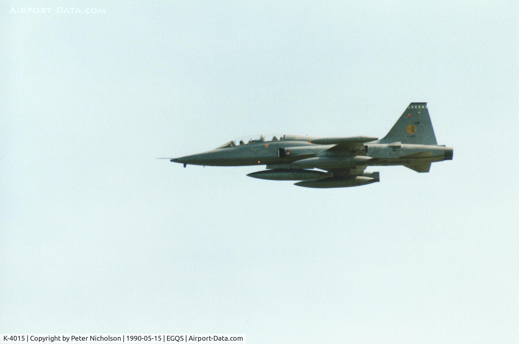 K-4015, 1971 Canadair NF-5B Freedom Fighter C/N 4015, NF-5B Freedom Fighter of 316 Squadron Royal Netherlands Air Force returning to RAF Lossiemouth in May 1990.