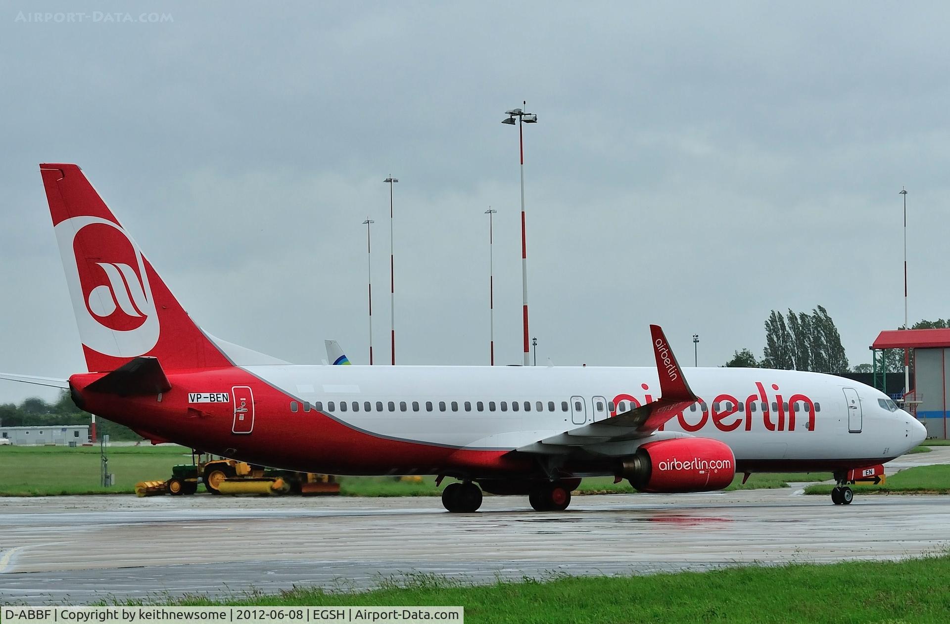 D-ABBF, 2002 Boeing 737-86J C/N 32917, Arrived this evening, for Air Livery, with D-ABBF and flag, over painted and VP-BEN 'taped on' ... who knows ??