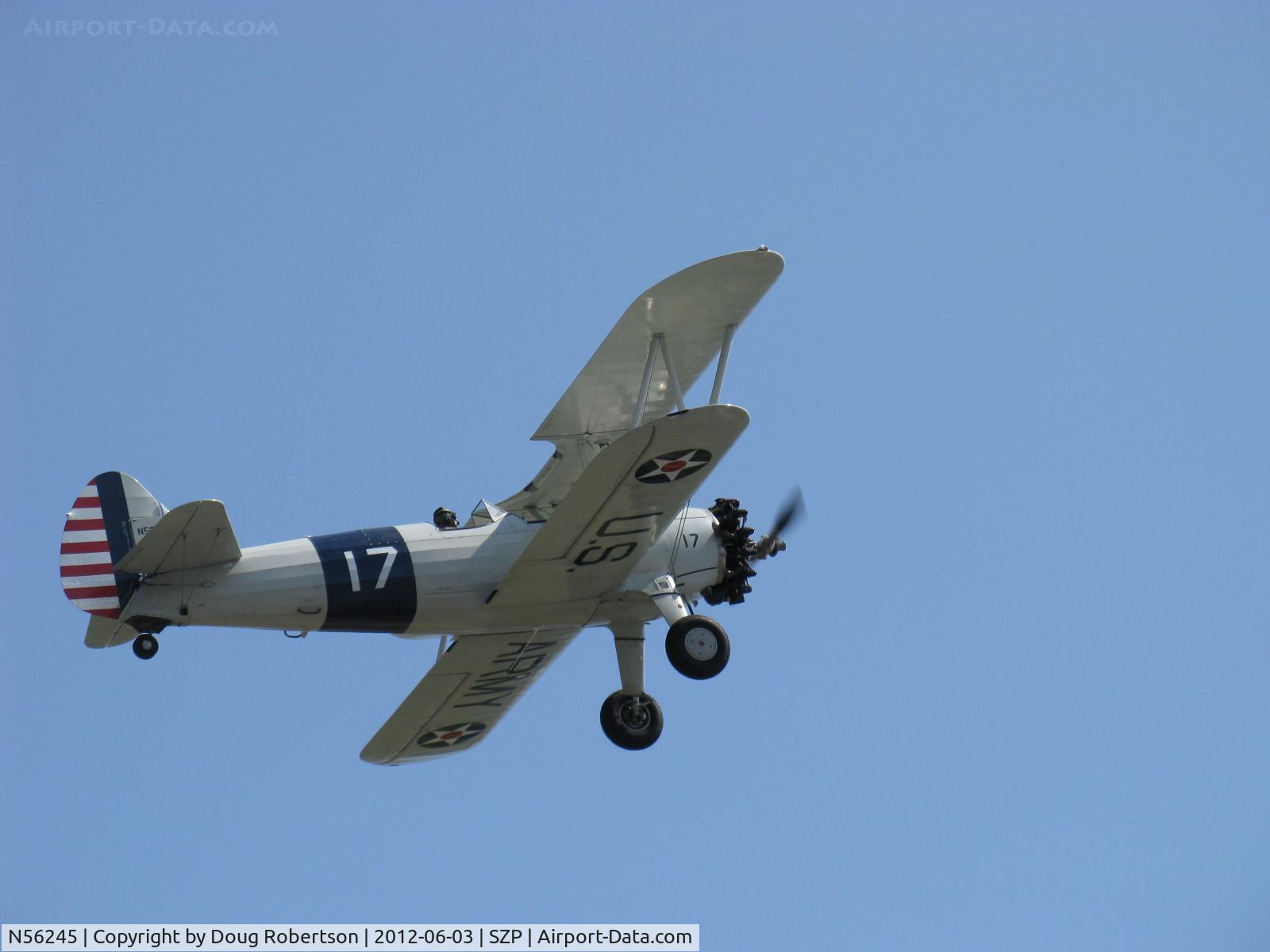 N56245, 1941 Boeing A75N1(PT17) C/N 75-4284, 1942 Boeing Stearman A75N1 (PT-17), Jacobs R755-B2M 275 Hp upgrade, takeoff climb with wing waggle Rwy 22