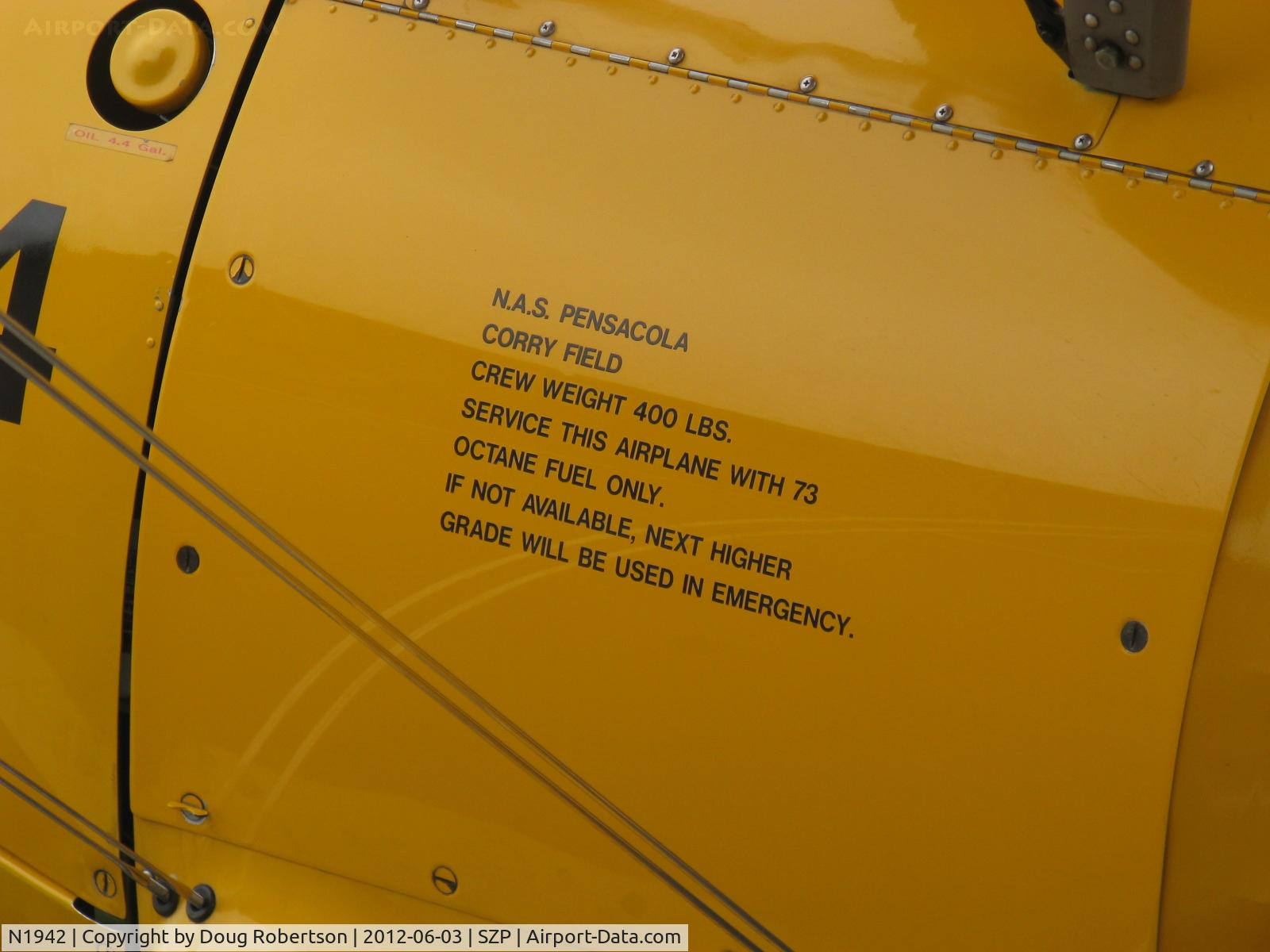 N1942, 1942 Boeing A75N1(PT17) C/N 75-6754, 1942 Boeing Stearman A75N1 as Navy N2S-3, Continental W670 220 Hp, US Navy training history-Corry Field near NAS Pensacola. Florida