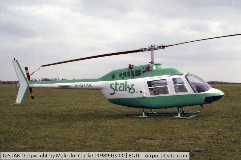 G-STAK, 1974 Bell 206B JetRanger II C/N 1514, Bell 206B, Cranfield Airport, March 1989.