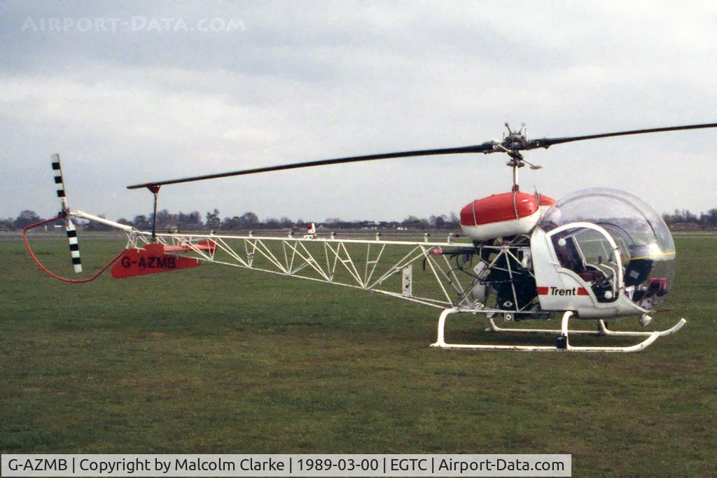 G-AZMB, 1961 Bell 47G-5 C/N 2639, Bell 47G-5 at Cranfield Airport in March 1989.