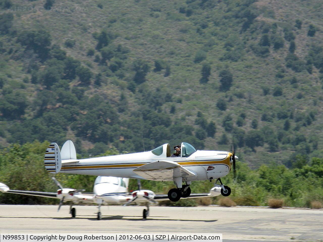 N99853, 1946 Erco 415C Ercoupe C/N 2476, 1946 ERCO Ercoupe 415-C, Continental O-200 100 Hp upgrade, Herm & Sam takeoff Rwy 22