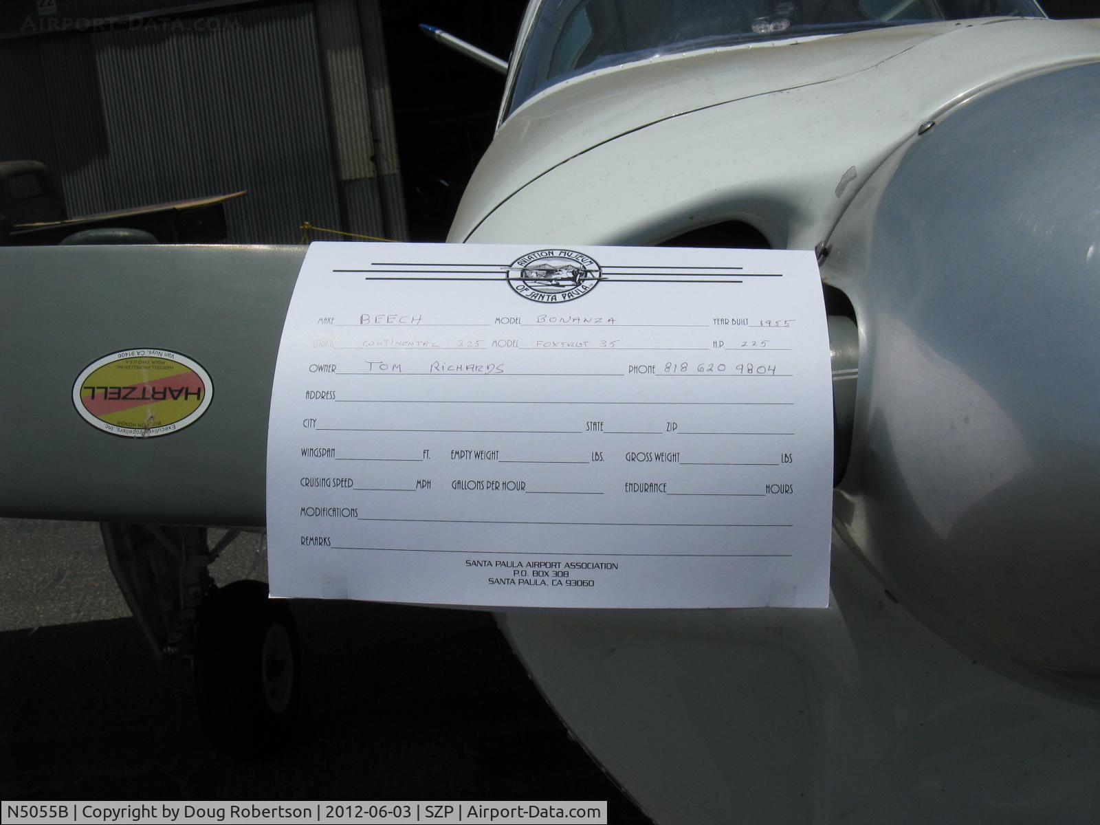N5055B, 1955 Beech F35 Bonanza C/N D-4331, 1955 Beech F35 BONANZA, Continental E-225-8 225 Hp, DATA