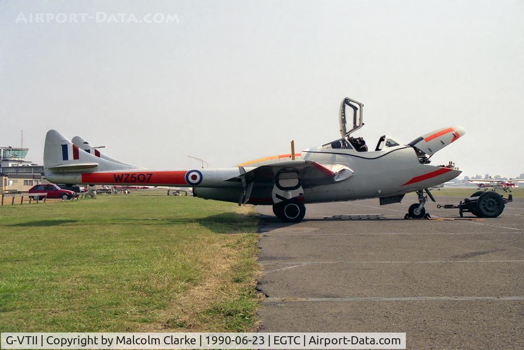 G-VTII, 1954 De Havilland DH-115 Vampire T.11 C/N 15127, De Havilland DH-115 Vampire T.11 being 'prepped' for an air show later in the day. Cranfield Airport 1990.