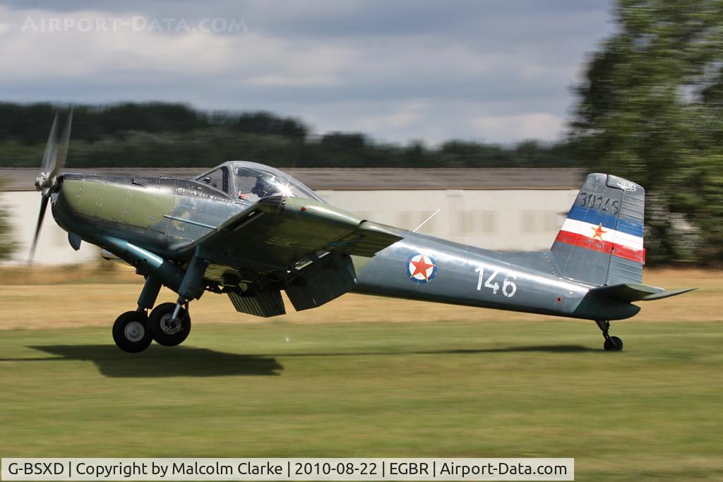 G-BSXD, 1977 Soko P-2 Kraguj C/N 030, Soko P-2 Kraguj lands at Breighton Airfield, August 2010.