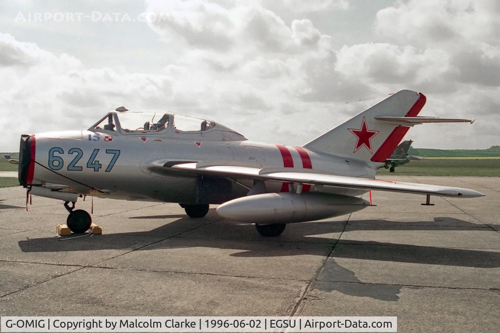 G-OMIG, 1956 PZL-Mielec SBLim-2 (MiG-15UTI) C/N 622047, PZL-Mielec SBLim-2A (MiG-15UTI) in Russian AF colour scheme at Duxford's Classic Jet & Fighter Display in 1996.