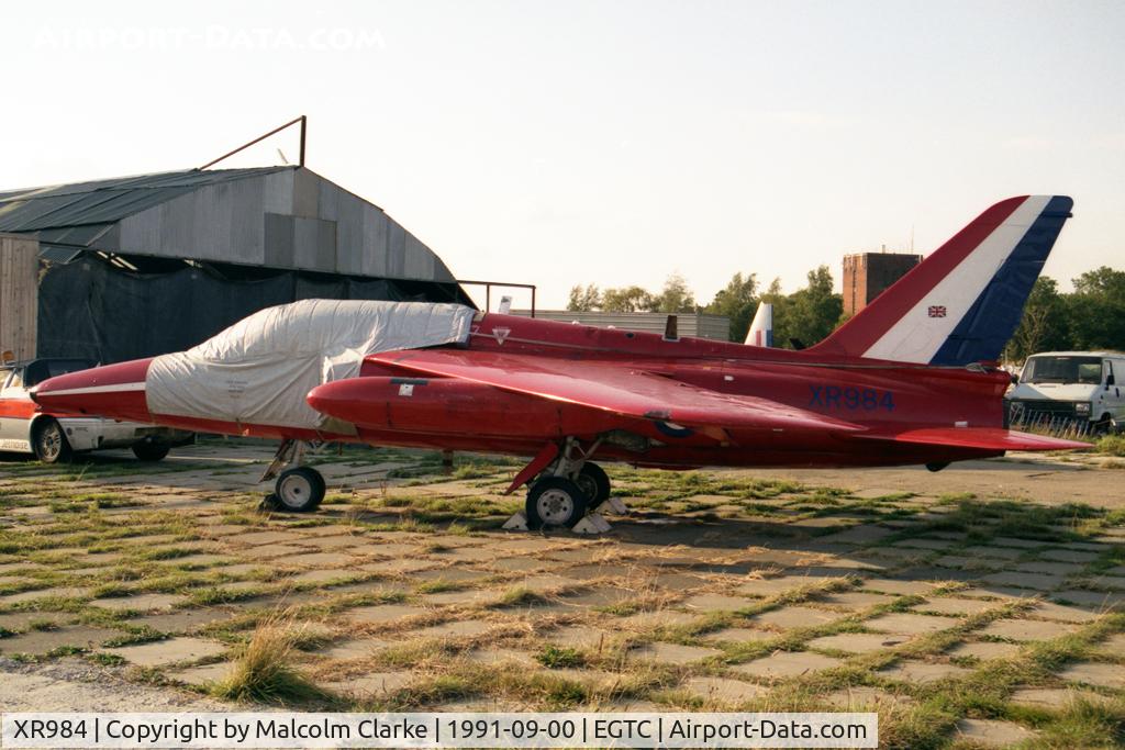 XR984, 1966 Hawker Siddeley Gnat T.1 C/N FL581, Hawker Siddeley Gnat T1. Previously with RAF 4 FTS and No 1 SoTT. Seen here in 1991 at the VAT facility at Cranfield prior to shipment to the USA. Now at the San Diego Flight Museum (N316RF).