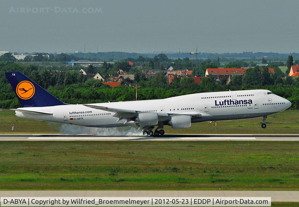 D-ABYA, 2012 Boeing 747-830 C/N 37827, A smoky touch down at Leipzig.