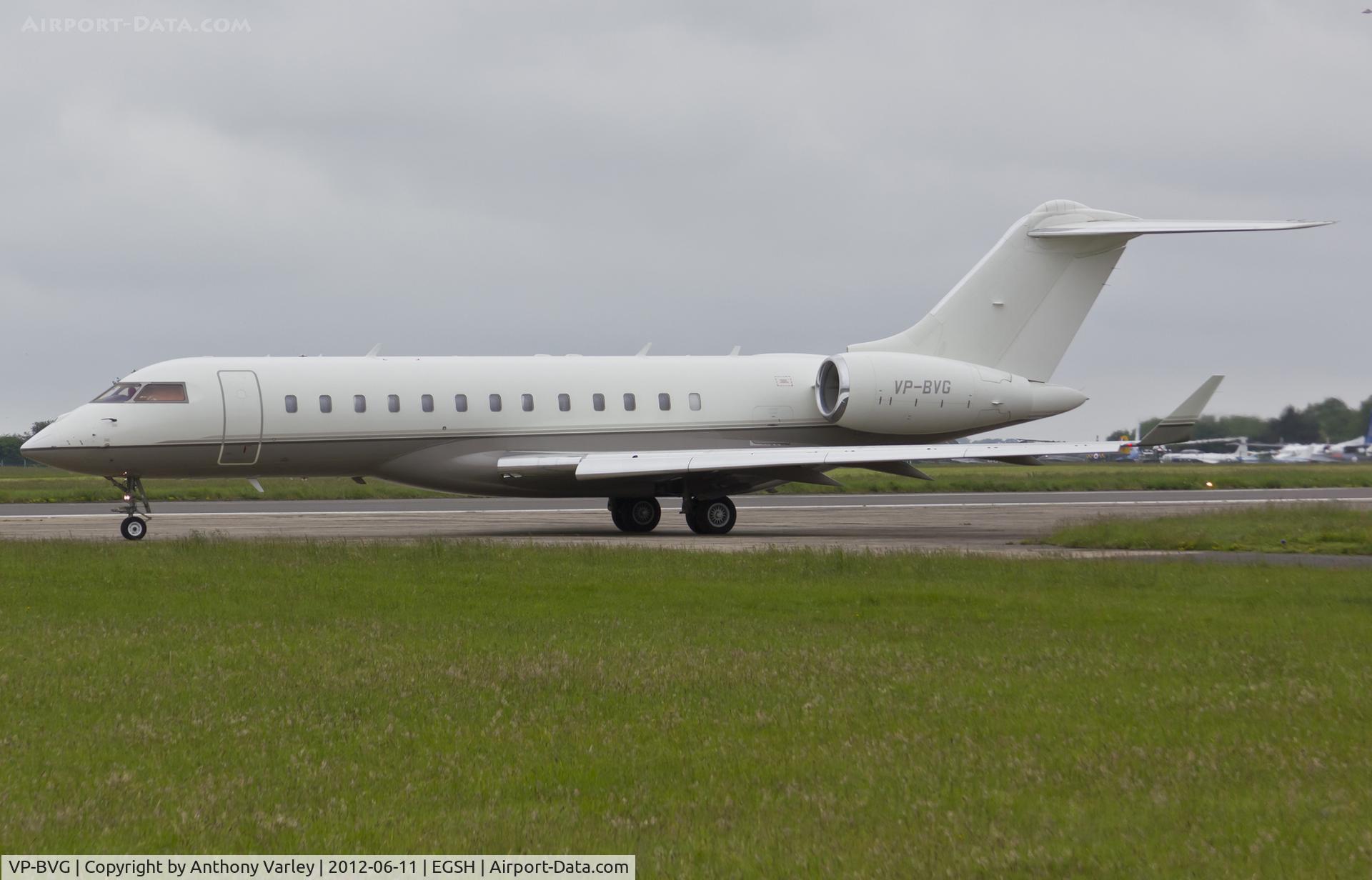 VP-BVG, 2006 Bombardier BD-700-1A10 Global Express XRS C/N 9193, About to depart EGSH.