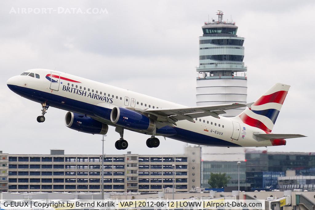 G-EUUX, 2008 Airbus A320-232 C/N 3550, Climbing out of Rwy 29