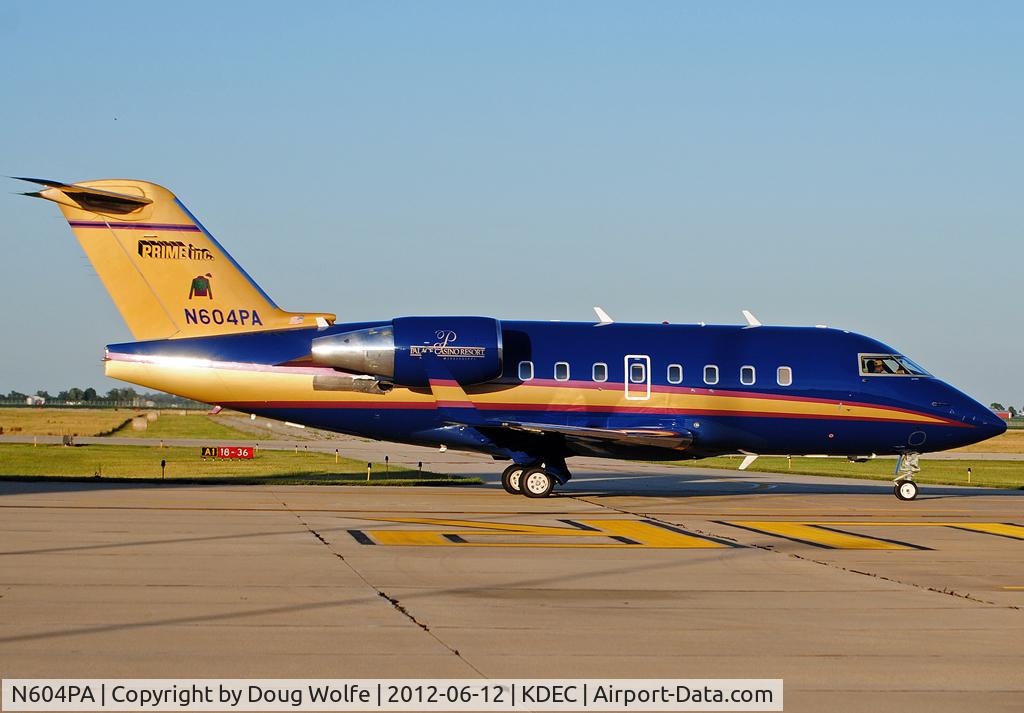 N604PA, 2003 Bombardier Challenger 604 (CL-600-2B16) C/N 5566, Prime Inc's Palace Casino Resort jet on the move at Decatur, Illinois (KDEC).