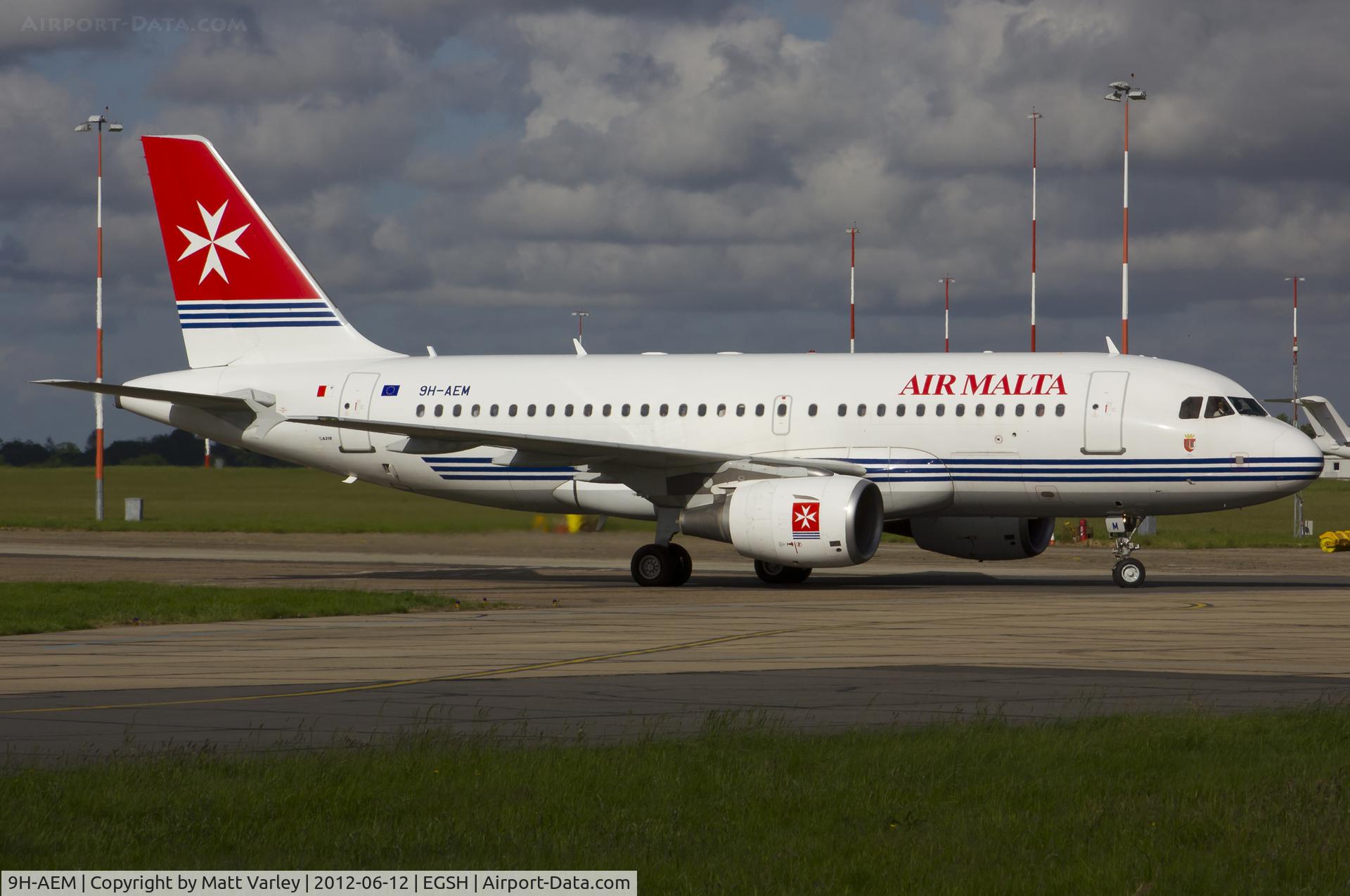 9H-AEM, 2005 Airbus A319-111 C/N 2382, Arriving at the EGSH terminal.