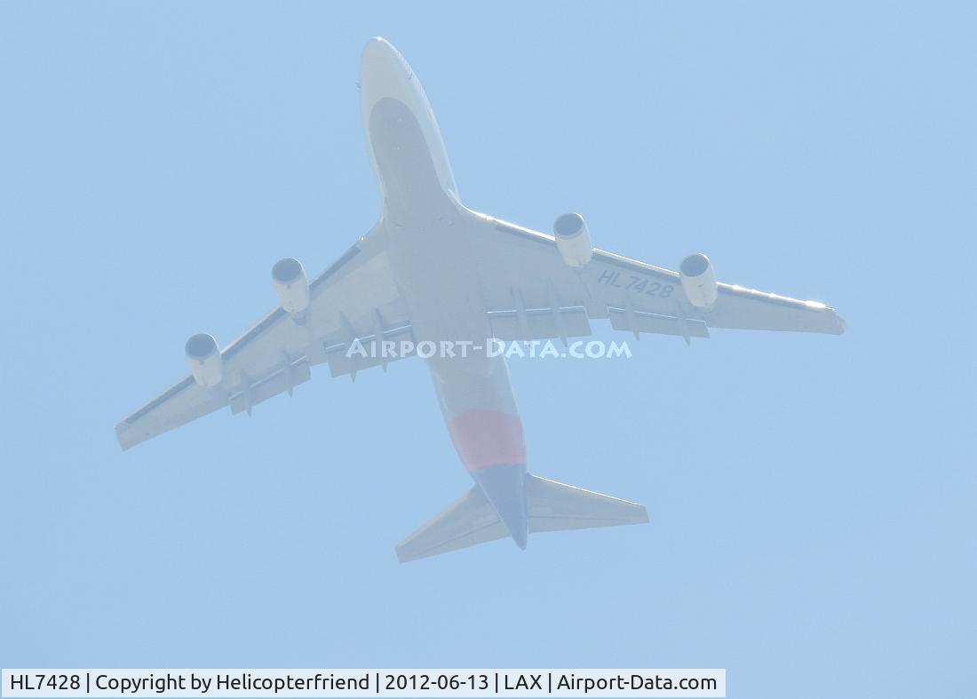 HL7428, 1998 Boeing 747-48E C/N 28552, Up in the marine layer on a 14 to 15 mile final for runway 24