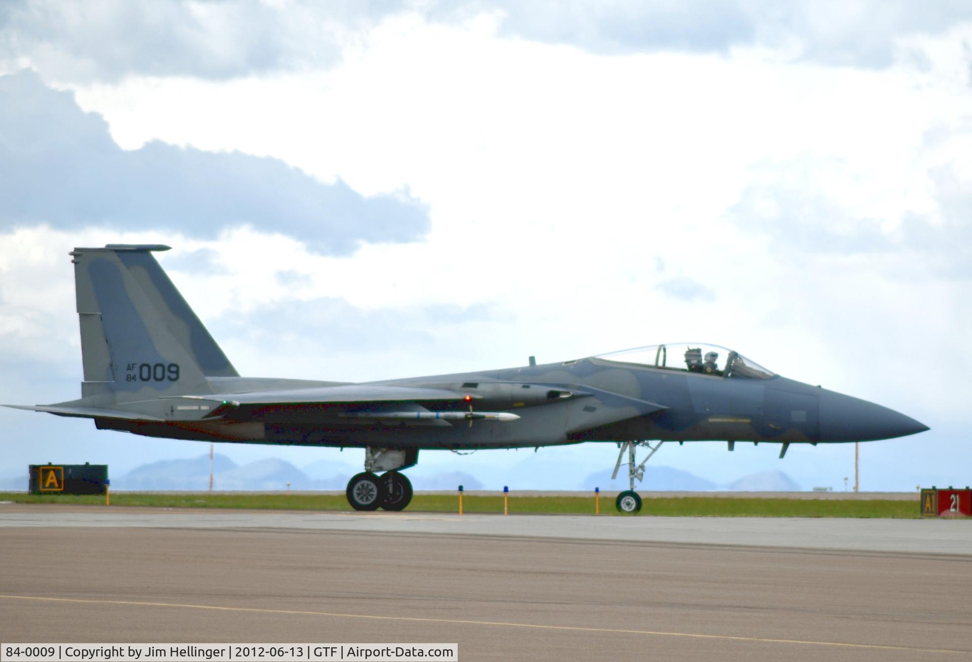 84-0009, 1984 McDonnell Douglas F-15C Eagle C/N 0918/C312, 009 has had it's 120th FW markings painted over, but is still flying with the Montana ANG. Seen here taxiing to runway 21 at GTF.