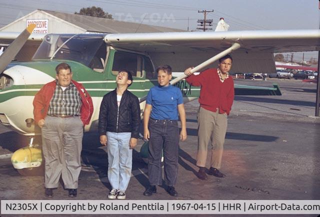 N2305X, 1965 Cessna 182H Skylane C/N 18256205, April 1967 prepping for a local flight from Hawthorne, California.  The pilot (red sweater) is Roland Penttila and the aircraft belonged to the FBO, Rose Aviation, at the time.