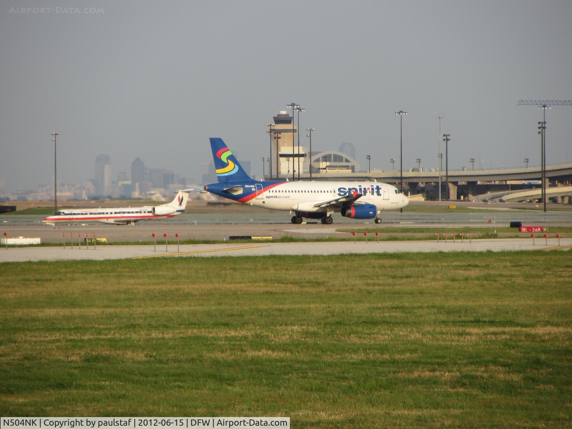 N504NK, 2005 Airbus A319-132 C/N 2473, Spirit Air about to take off from DFW airport runway 18L.