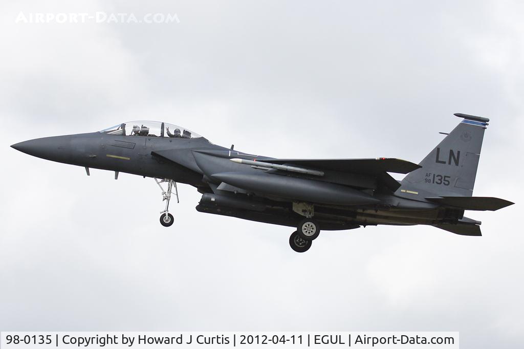 98-0135, 1998 McDonnell Douglas F-15E Strike Eagle C/N 1365/E226, Operated by 492nd FS/48th FW, based here. Nice victory sign from the back-seater!