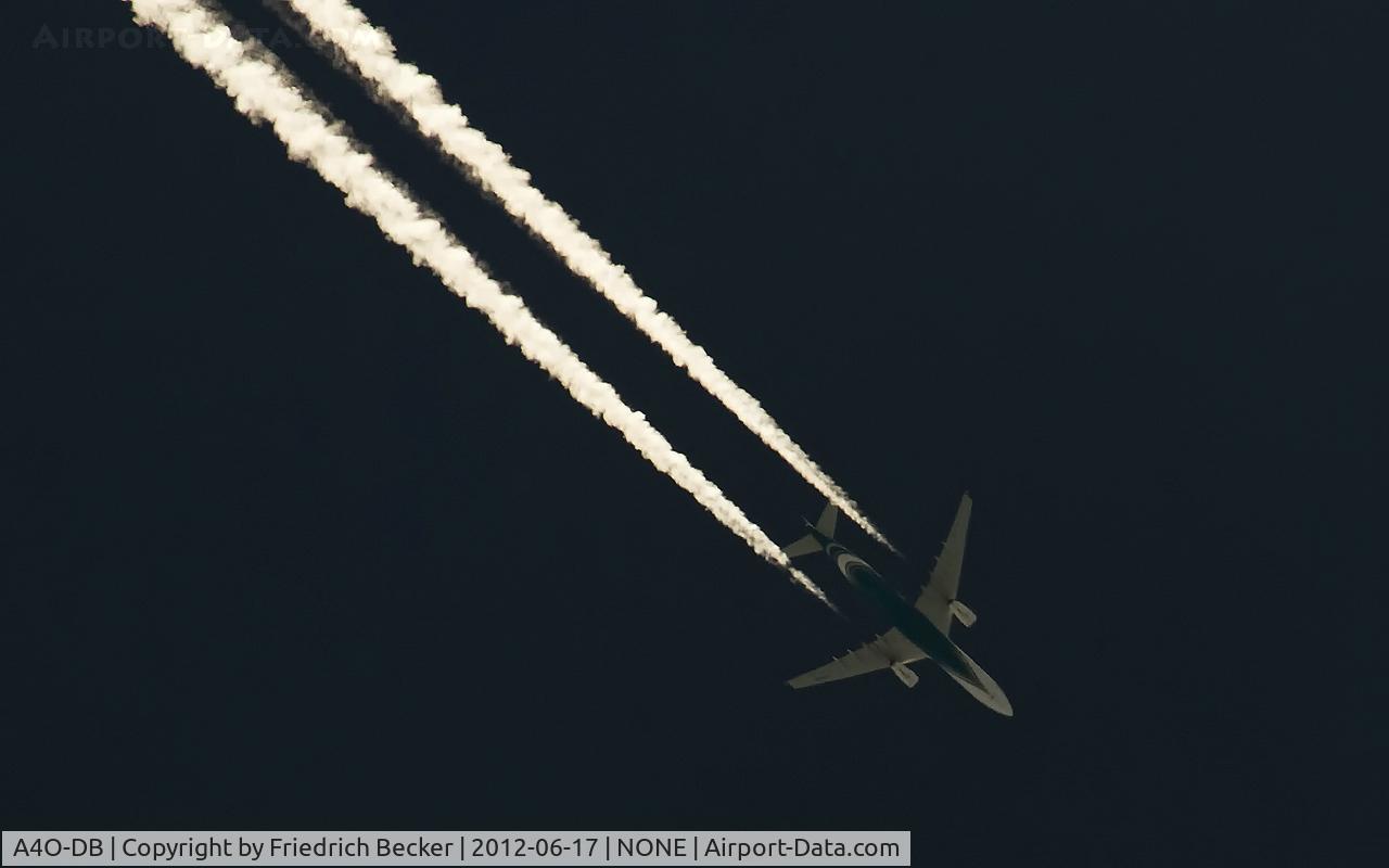 A4O-DB, 2009 Airbus A330-343 C/N 1044, cruising as WY0134 CDG-MCT