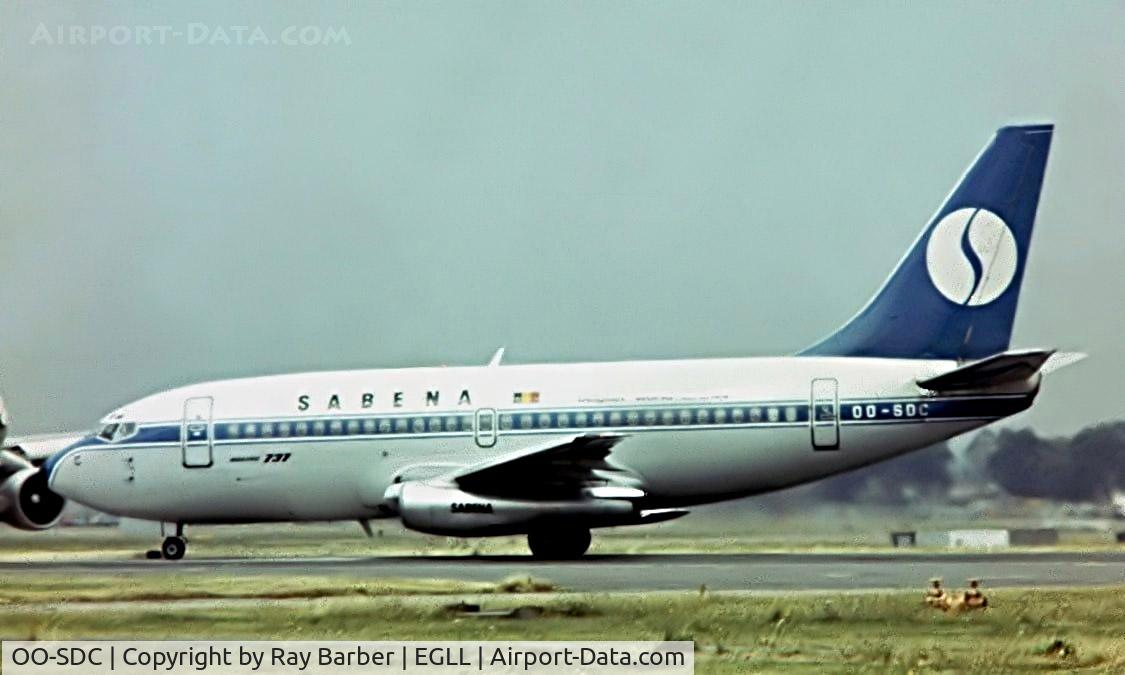 OO-SDC, 1974 Boeing 737-229 C/N 20909, Boeing 737-229 [20909] (Sabena) Heathrow~G 01/07/1975. Taken from a slide