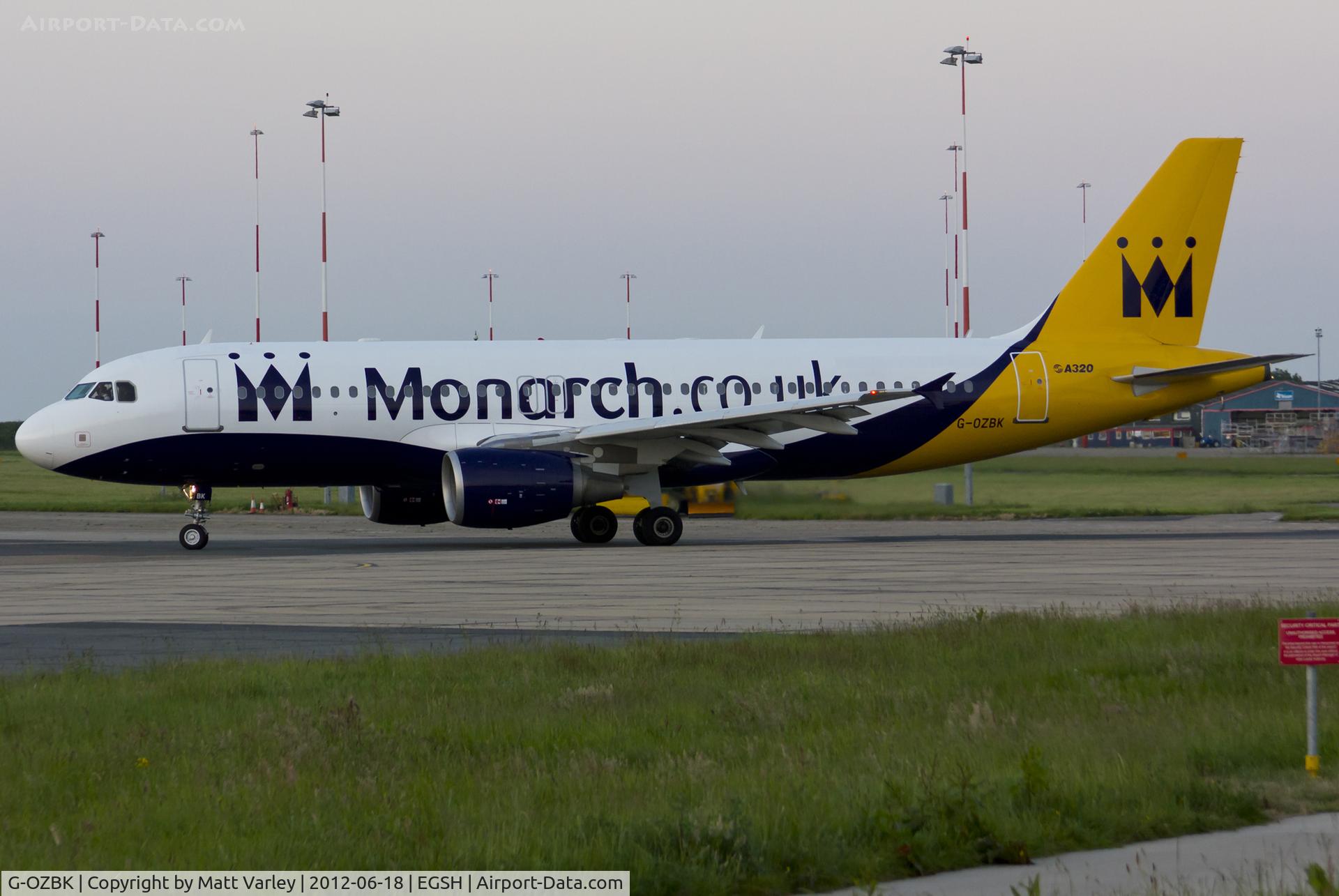 G-OZBK, 2000 Airbus A320-214 C/N 1370, Departing EGSH at 21:15.