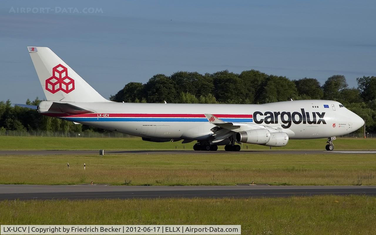LX-UCV, 2004 Boeing 747-4R7F/SCD C/N 33827, departure via RW24