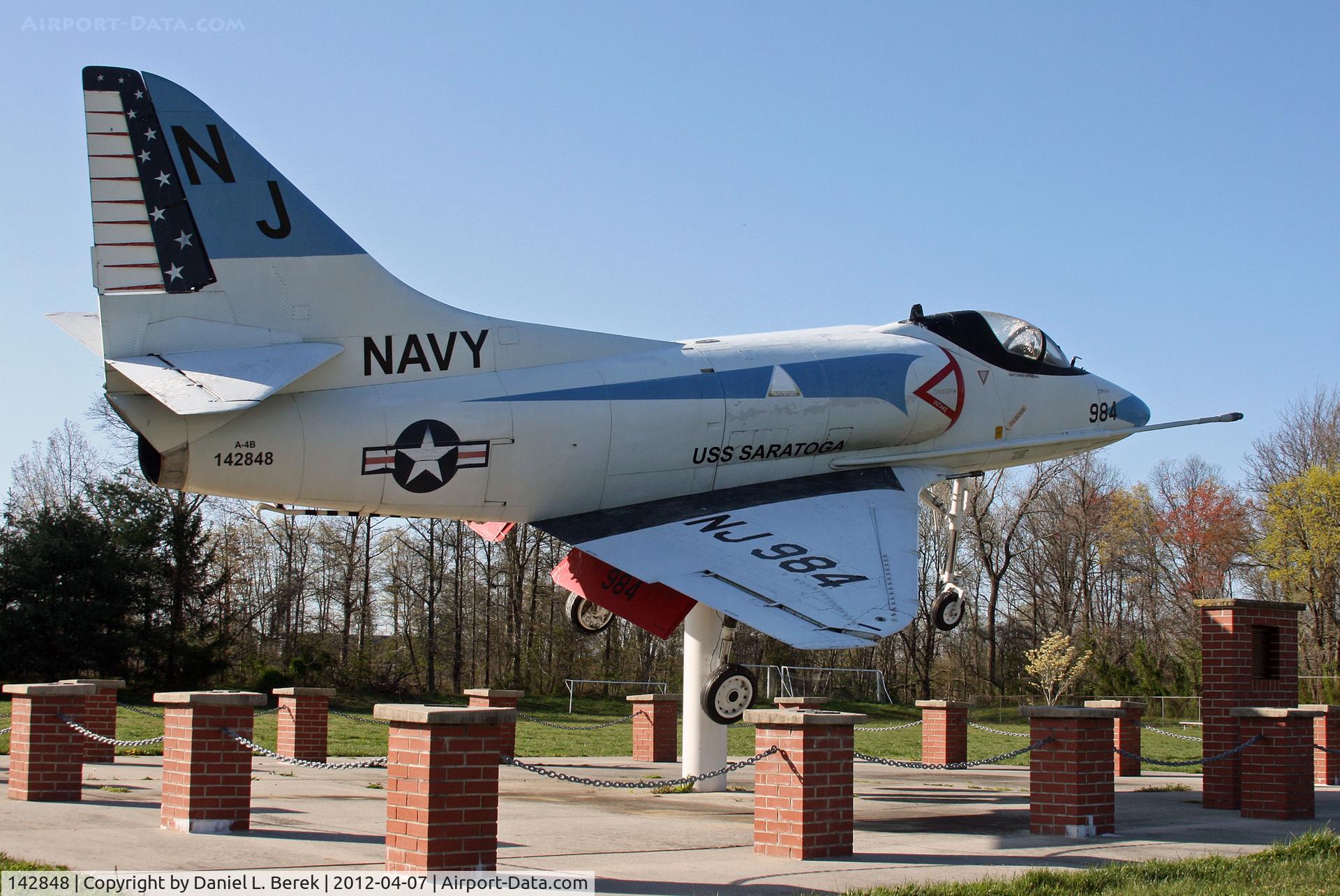 142848, Douglas A-4B Skyhawk C/N 11910, This beautiful Skyhawk was donated to the township of Ewing in 1998 as the centerpiece of the General Betor Veterans Memorial Park, located just behind the municipal building.