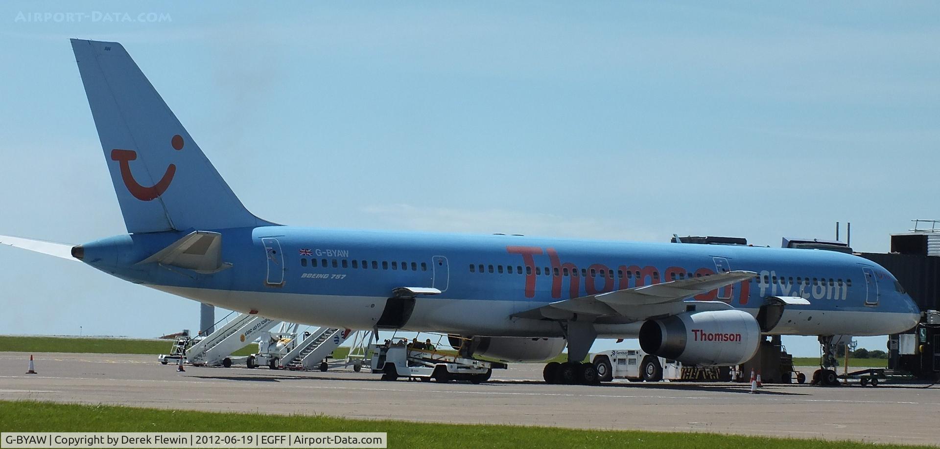 G-BYAW, 1995 Boeing 757-204 C/N 27234, At EGFF ready for flight to LTAI.