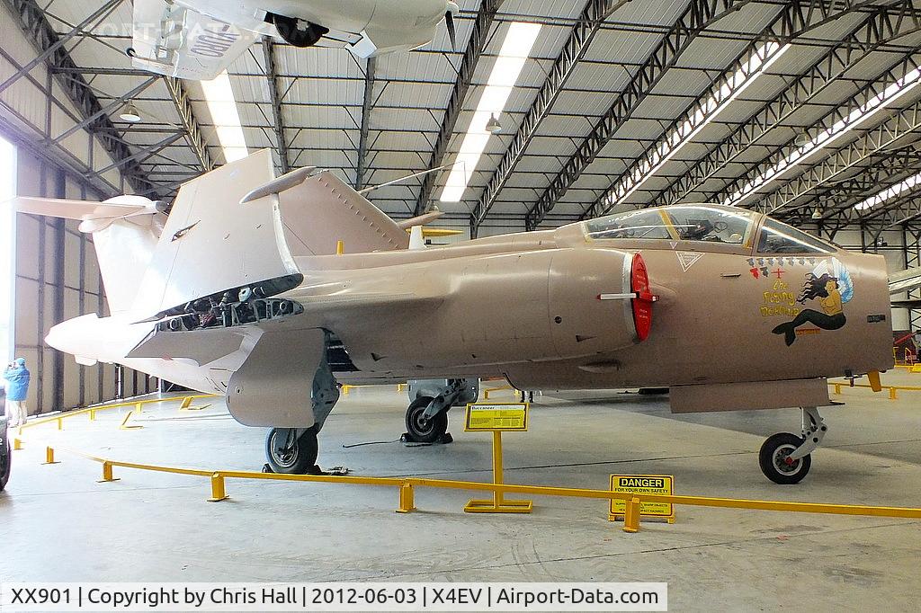 XX901, 1977 Hawker Siddeley Buccaneer S.2B C/N B3-06-75, Buccaneer S2B. XX901 had an illustrious service record with the Royal Air Force. It was saved from scrapping by the Buccaneer Aircrew Association and is painted in the Gulf War scheme, including the 'Flying Mermaid' nose art.
