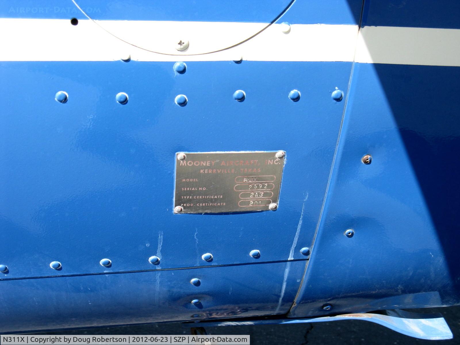 N311X, 1963 Mooney M20C Ranger C/N 2592, 1963 Mooney M20C Mark 21, Lycoming O&VO-360 180 Hp, manufacturer's data plate