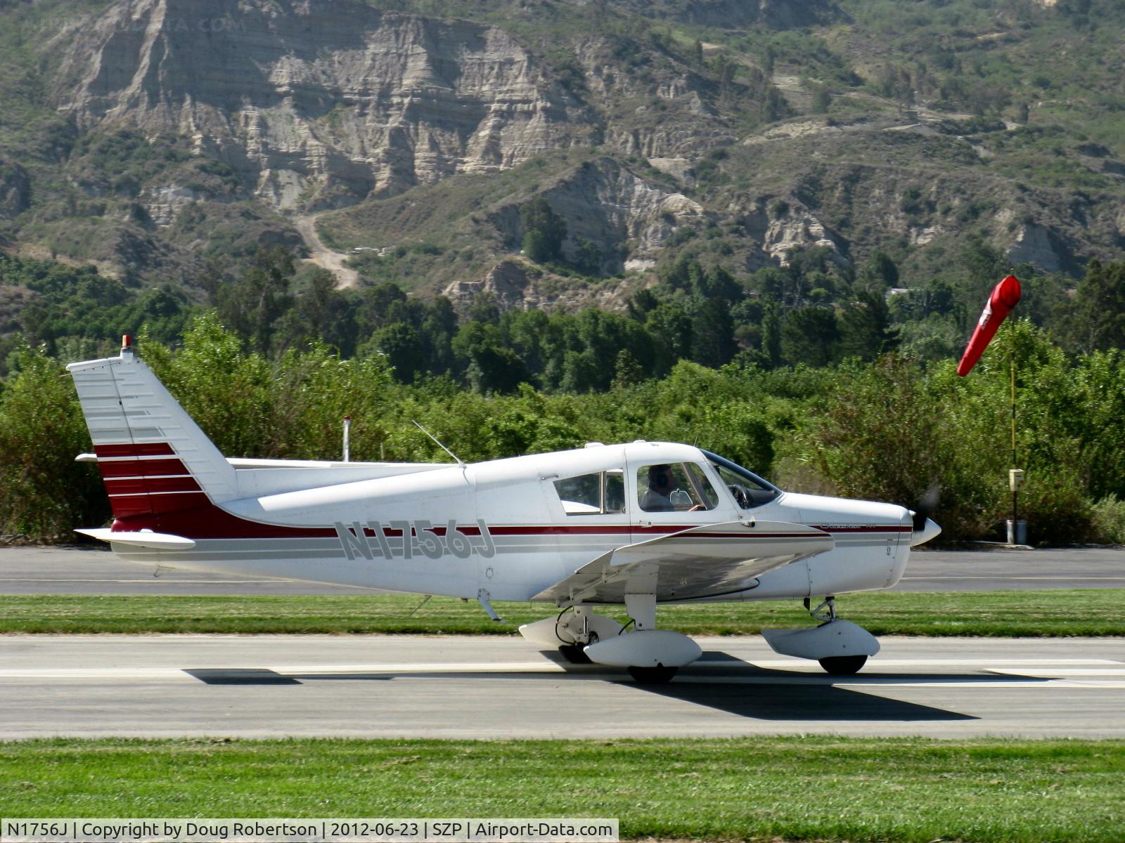 N1756J, 1968 Piper PA-28-140 C/N 28-24175, 1968 Piper PA-28-140 CHEROKEE, Lycoming O-320-E2A 150 Hp, beautiful appearance aircraft, landing roll to end Rwy 22, that's Rwy 04's windsock